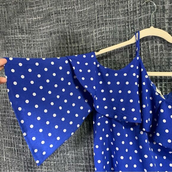 UMGEE USA Cold Shoulder Blouse Blue White Polka Dots Flutter Sleeve Medium #726 - Picture 3 of 8